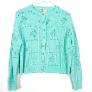Vintage BJ By Bllie Jo Pointelle Cardigan Sweater Womens Size XL Aqua Grannycore